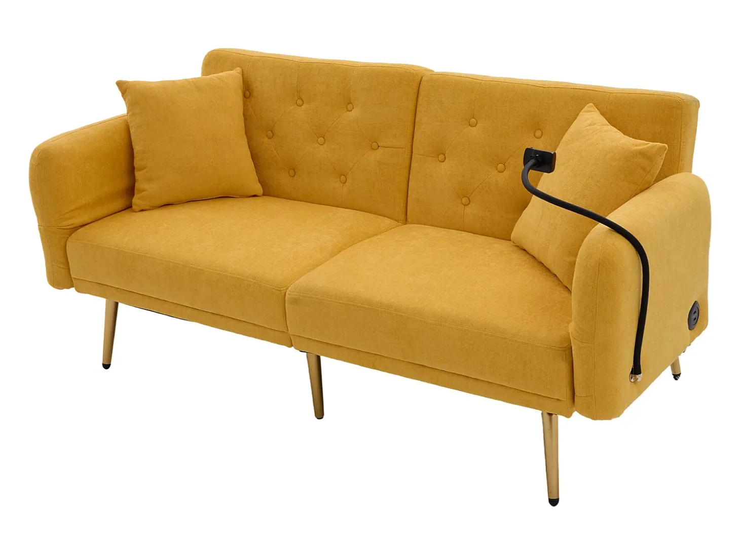 Sofá descapotável amarelo de 2 lugares com 2 portas USB, suporte para telemóvel e bolsos laterais 173x78x78cm