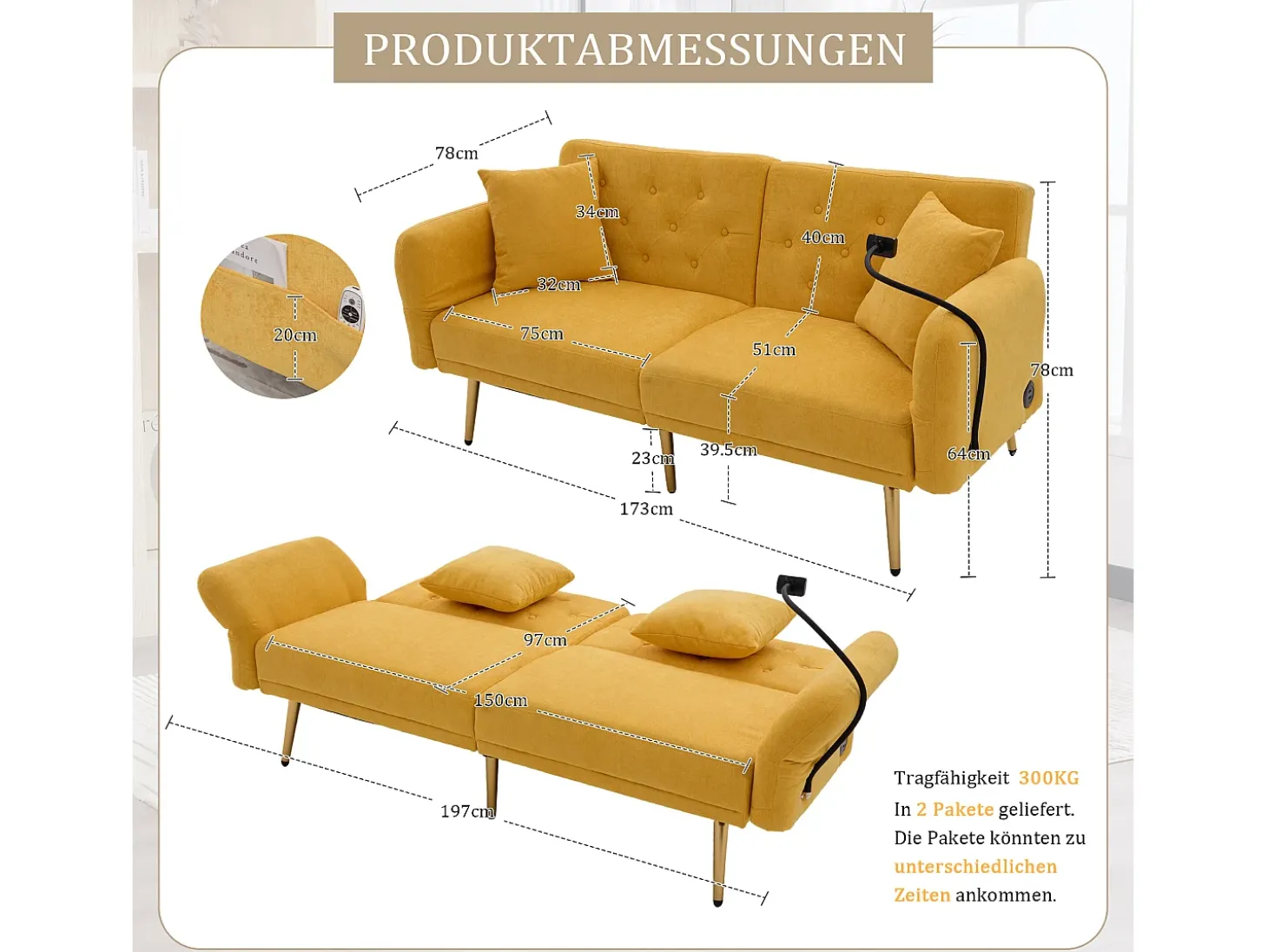 Sofá descapotável amarelo de 2 lugares com 2 portas USB, suporte para telemóvel e bolsos laterais 173x78x78cm