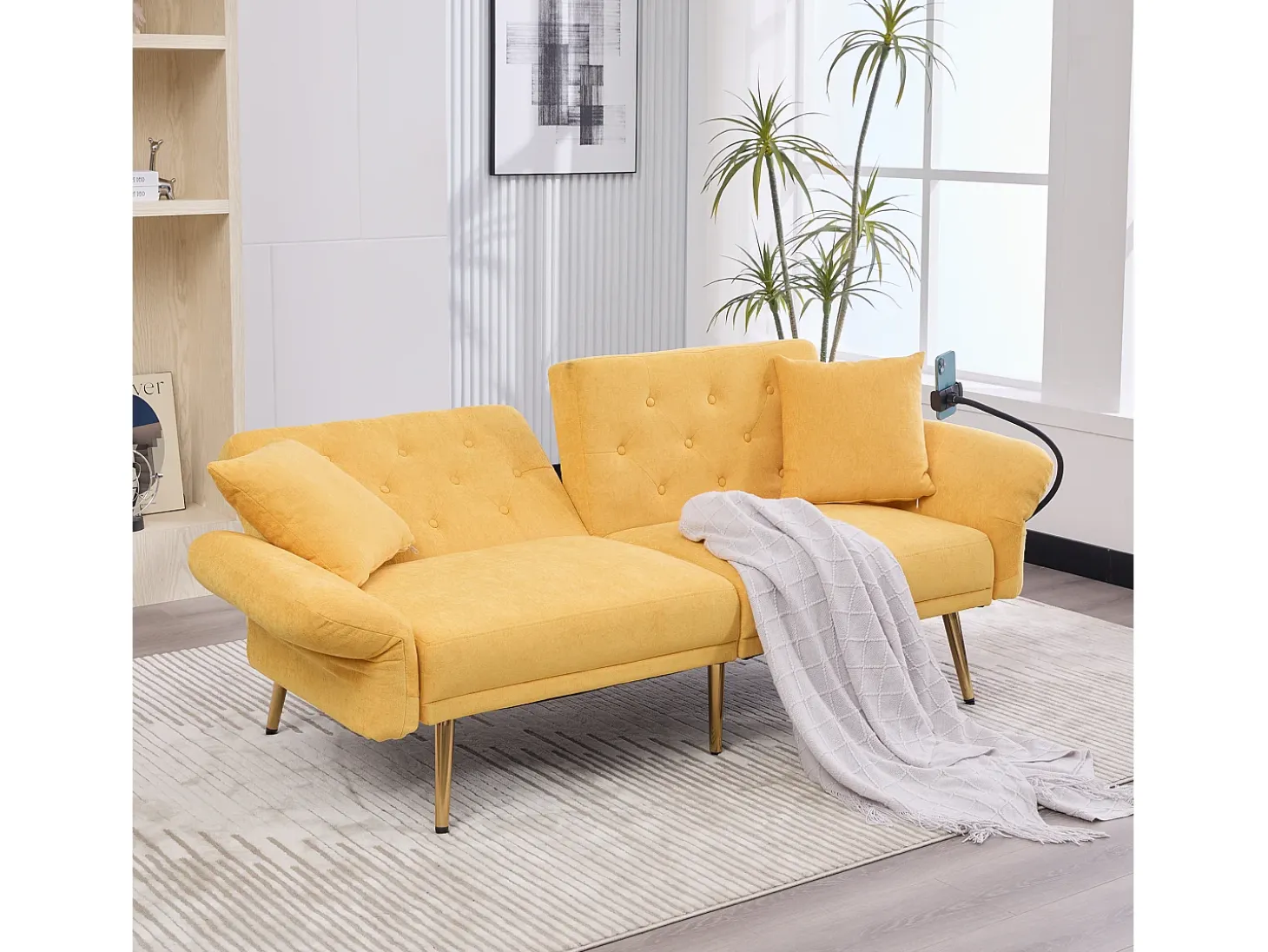 Sofá descapotável amarelo de 2 lugares com 2 portas USB, suporte para telemóvel e bolsos laterais 173x78x78cm