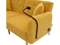 Sofá descapotável amarelo de 2 lugares com 2 portas USB, suporte para telemóvel e bolsos laterais 173x78x78cm