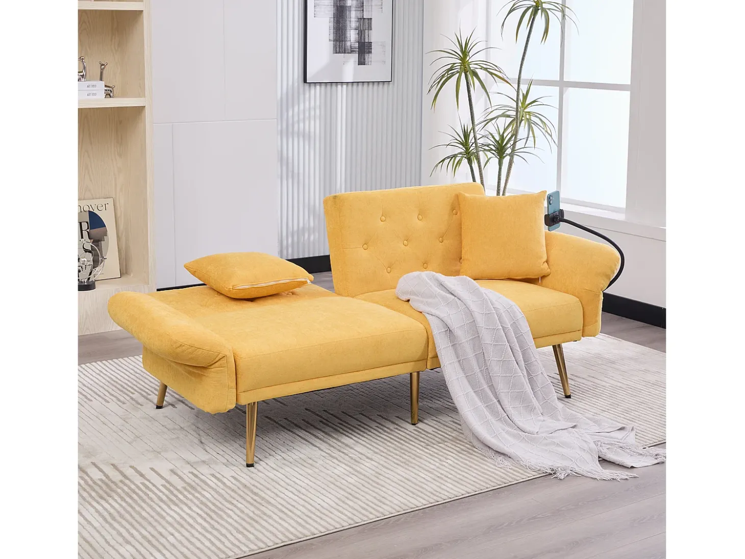 Sofá descapotável amarelo de 2 lugares com 2 portas USB, suporte para telemóvel e bolsos laterais 173x78x78cm
