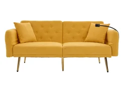 Sofá descapotável amarelo de 2 lugares com 2 portas USB, suporte para telemóvel e bolsos laterais 173x78x78cm