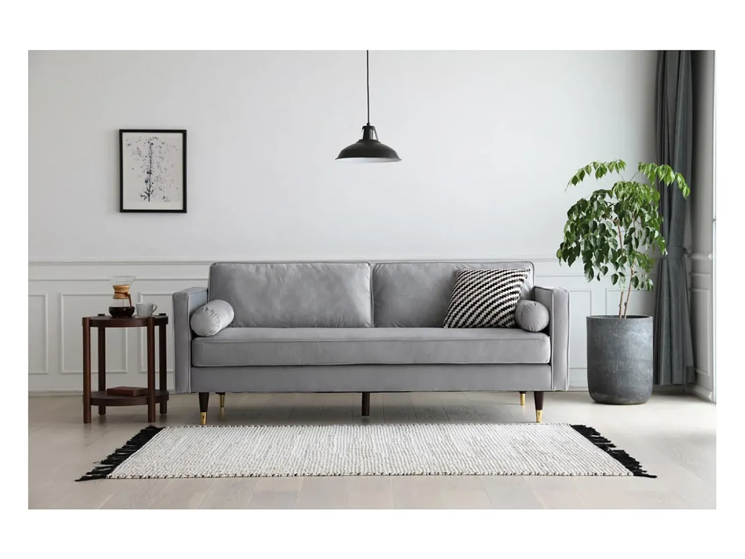 Sofá direito de design vintage de 3 lugares em veludo cinza claro NALHA - Estilo Escandinavo