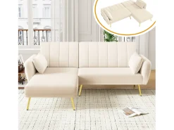 Sofá dobrável de 3 lugares - 191,5 x 130 x 80 cm - sofá de canto com função de dormir - veludo - bege