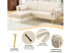 Sofá dobrável de 3 lugares - 191,5 x 130 x 80 cm - sofá de canto com função de dormir - veludo - bege