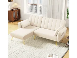 Sofá dobrável de 3 lugares - 191,5 x 130 x 80 cm - sofá de canto com função de dormir - veludo - bege