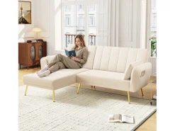 Sofá dobrável de 3 lugares - 191,5 x 130 x 80 cm - sofá de canto com função de dormir - veludo - bege