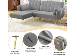 Sofá dobrável de 3 lugares - 191,5 x 130 x 80 cm - sofá de canto com função de cama - veludo - cinza