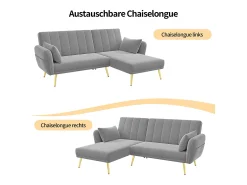 Sofá dobrável de 3 lugares - 191,5 x 130 x 80 cm - sofá de canto com função de cama - veludo - cinza