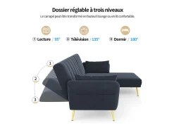 Sofá dobrável de 3 lugares - 191,5 x 130 x 80 cm - sofá de canto com função de dormir - veludo - preto