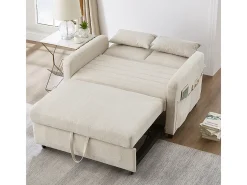 Sofá dobrável de dois lugares, design dobrável, costas ajustáveis, tecido de algodão e linho, bege