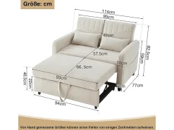 Sofá dobrável de dois lugares, design dobrável, costas ajustáveis, tecido de algodão e linho, bege