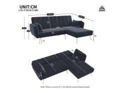 Sofá dobrável moderno - Sofá em L - Sofá-cama com canto adicional - preto