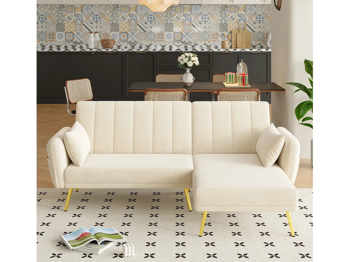 Sofá dobrável moderno - Sofá em L - Sofá-cama com canto adicional - bege