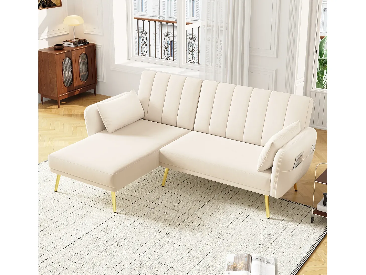 Sofá dobrável moderno - Sofá em L - Sofá-cama com canto adicional - bege