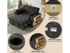 Sofá dobrável moderno para 2 pessoas - com porta-copos - com portas de carregamento USB - com almofadas - tecido de pelúcia - Cinza