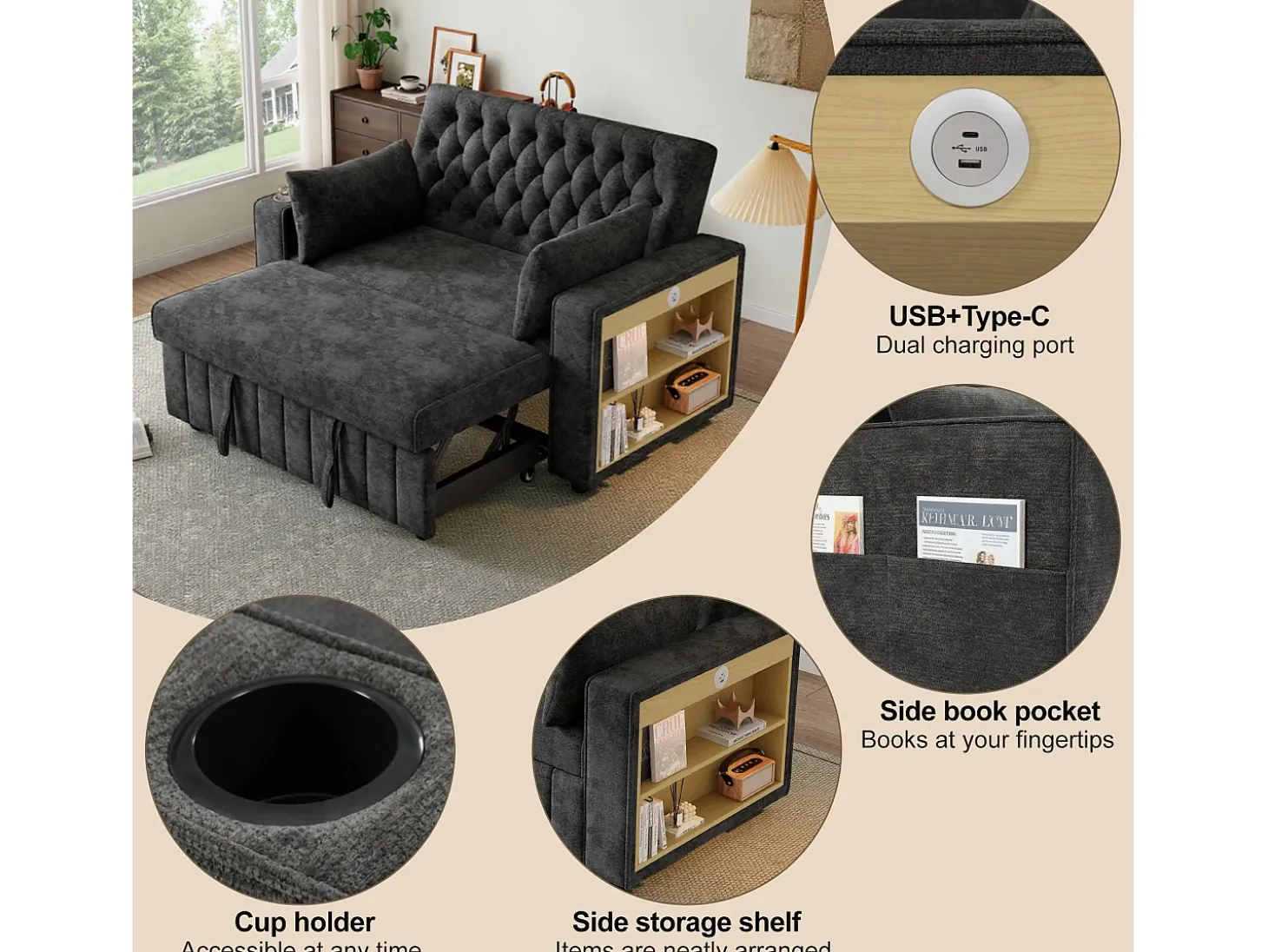 Sofá dobrável moderno para 2 pessoas - com porta-copos - com portas de carregamento USB - com almofadas - tecido de pelúcia - Cinza