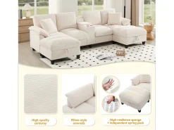 Sofá em formato de U com 4 lugares, espaço de armazenamento, porta-copos e entradas USB - 293 x 142 x 93 cm - Veludo - bege
