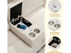 Sofá em formato de U com 4 lugares, espaço de armazenamento, porta-copos e entradas USB - 293 x 142 x 93 cm - Veludo - bege
