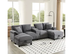 Sofá em formato de U com 4 lugares, espaço de armazenamento, porta-copos e entradas USB - 293 x 142 x 93 cm - Veludo - cinza