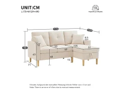 Sofá em L com chaise longue e espaço de armazenamento. 3 lugares com porta-copos e 2 almofadas. Para sala de estar, escritório ou apartamento. Com vídeo.