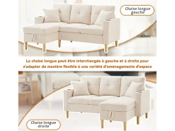 Sofá em L com chaise longue e espaço de armazenamento. 3 lugares com porta-copos e 2 almofadas. Para sala de estar, escritório ou apartamento. Com vídeo.