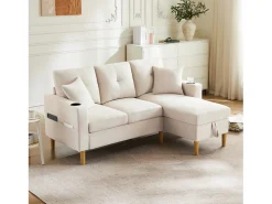 Sofá em L com chaise longue e espaço de armazenamento. 3 lugares com porta-copos e 2 almofadas. Para sala de estar, escritório ou apartamento. Com vídeo.
