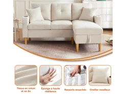 Sofá em L com chaise longue e espaço de armazenamento. 3 lugares com porta-copos e 2 almofadas. Para sala de estar, escritório ou apartamento. Com vídeo.