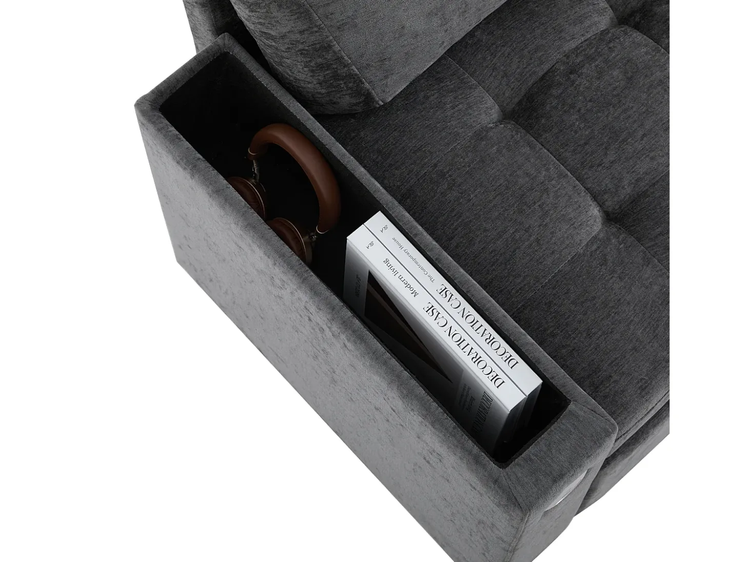 Sofá em L com sofá-cama arquivado - com espaço de armazenamento - carregamento USB - 2 almofadas - Cinza