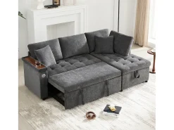 Sofá em L com sofá-cama arquivado - com espaço de armazenamento - carregamento USB - 2 almofadas - Cinza