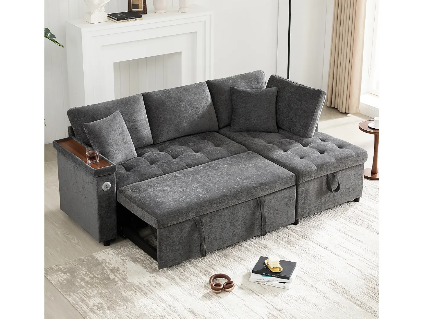 Sofá em L com sofá-cama arquivado - com espaço de armazenamento - carregamento USB - 2 almofadas - Cinza