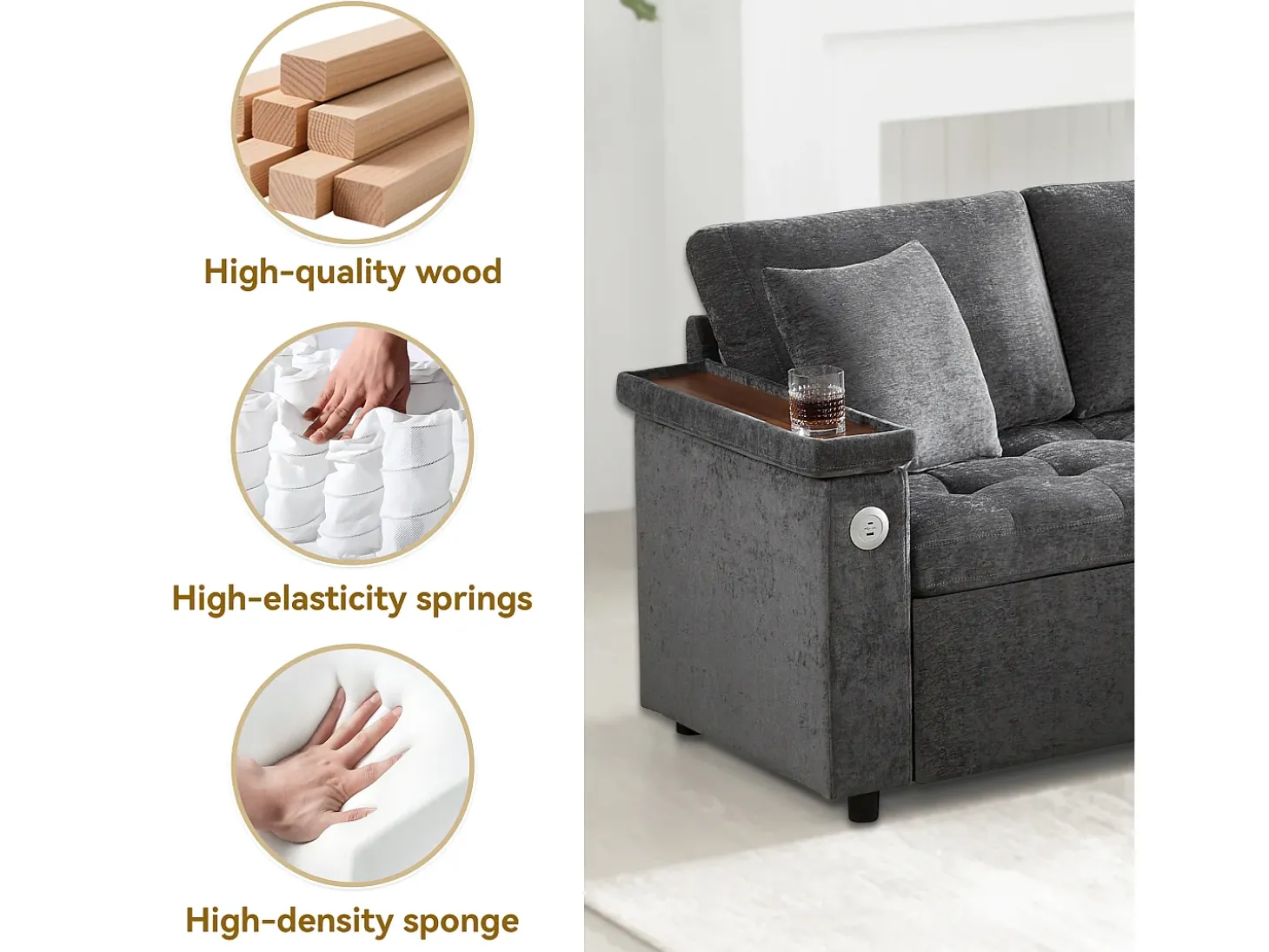 Sofá em L com sofá-cama arquivado - com espaço de armazenamento - carregamento USB - 2 almofadas - Cinza