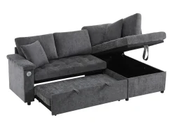 Sofá em L com sofá-cama arquivado - com espaço de armazenamento - carregamento USB - 2 almofadas - Cinza