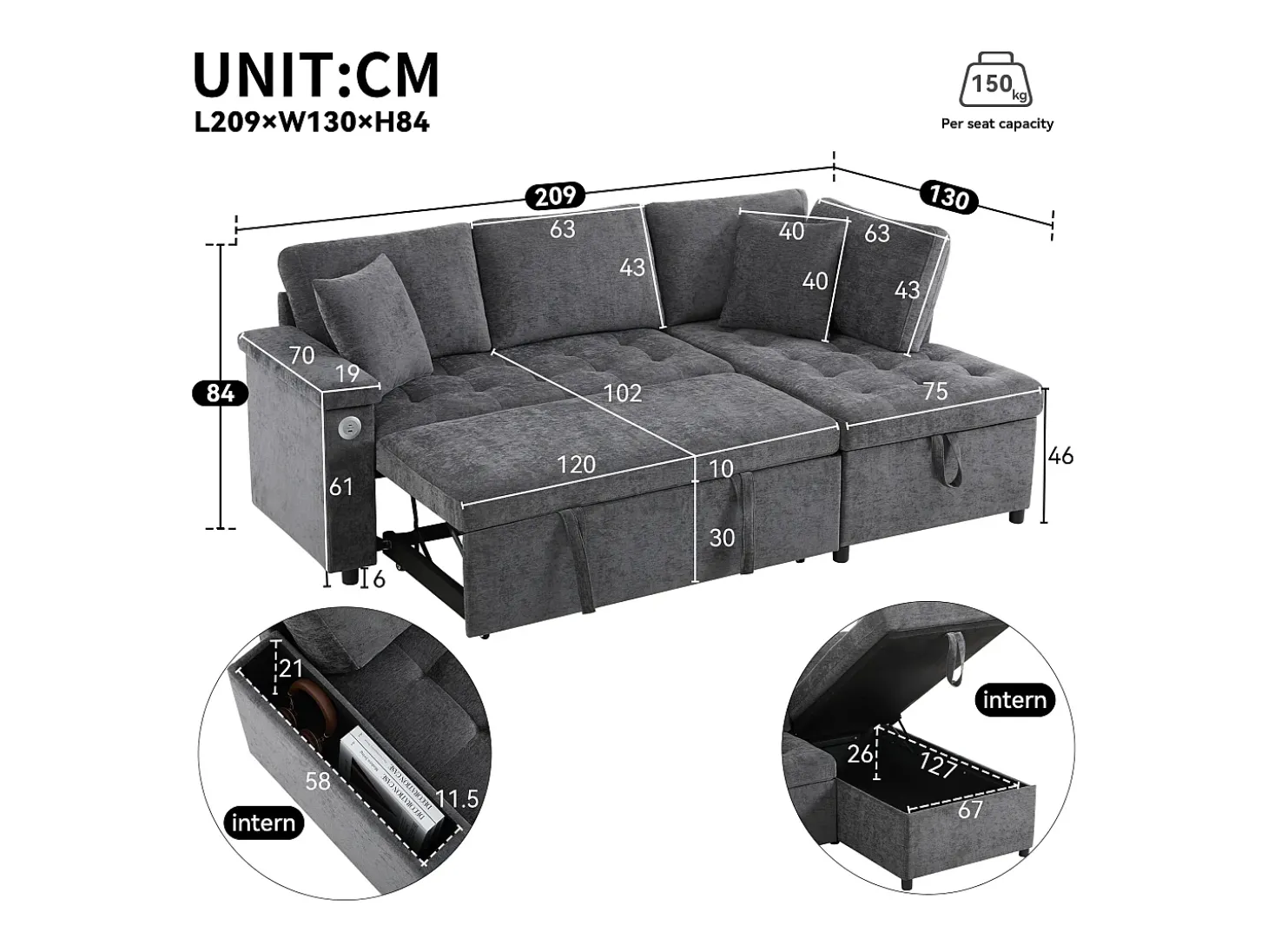 Sofá em L com sofá-cama arquivado - com espaço de armazenamento - carregamento USB - 2 almofadas - Cinza