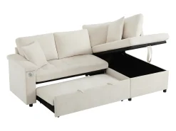 Sofá em L com sofá-cama arquivado - com espaço de armazenamento - carregamento USB - 2 almofadas - Bege