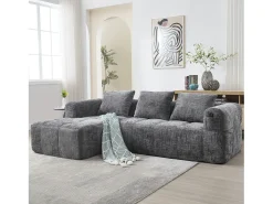 Sofá em L de 3 lugares - 250 x 158 x 60 cm - com chaise longue + braços + 3 almofadas - Chenille - cinza