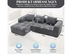 Sofá em L de 3 lugares - 250 x 158 x 60 cm - com chaise longue + braços + 3 almofadas - Chenille - cinza