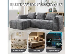 Sofá em L de 3 lugares - 250 x 158 x 60 cm - com chaise longue + braços + 3 almofadas - Chenille - cinza