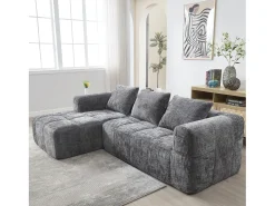 Sofá em L de 3 lugares - 250 x 158 x 60 cm - com chaise longue + braços + 3 almofadas - Chenille - cinza