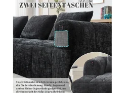 Sofá em L de 3 lugares - 250 x 158 x 60 cm - com chaise longue + braços + 3 almofadas - Chenille - preto