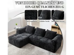Sofá em L de 3 lugares - 250 x 158 x 60 cm - com chaise longue + braços + 3 almofadas - Chenille - preto