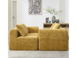 Sofá em L de 3 lugares - 250 x 158 x 60 cm - com chaise longue + braços + 3 almofadas - Chenille - amarelo