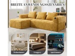 Sofá em L de 3 lugares - 250 x 158 x 60 cm - com chaise longue + braços + 3 almofadas - Chenille - amarelo