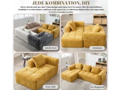 Sofá em L de 3 lugares - 250 x 158 x 60 cm - com chaise longue + braços + 3 almofadas - Chenille - amarelo