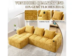 Sofá em L de 3 lugares - 250 x 158 x 60 cm - com chaise longue + braços + 3 almofadas - Chenille - amarelo