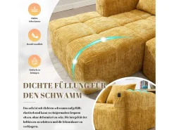Sofá em L de 3 lugares - 250 x 158 x 60 cm - com chaise longue + braços + 3 almofadas - Chenille - amarelo