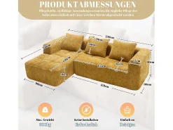 Sofá em L de 3 lugares - 250 x 158 x 60 cm - com chaise longue + braços + 3 almofadas - Chenille - amarelo