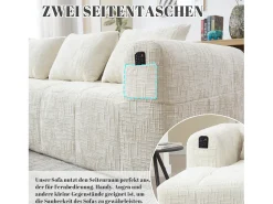 Sofá em L de 3 lugares - 250 x 158 x 60 cm - com chaise longue + braços + 3 almofadas - Chenille - bege