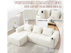 Sofá em L de 3 lugares - 250 x 158 x 60 cm - com chaise longue + braços + 3 almofadas - Chenille - bege