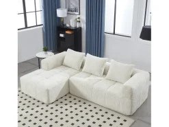 Sofá em L de 3 lugares - 250 x 158 x 60 cm - com chaise longue + braços + 3 almofadas - Chenille - bege
